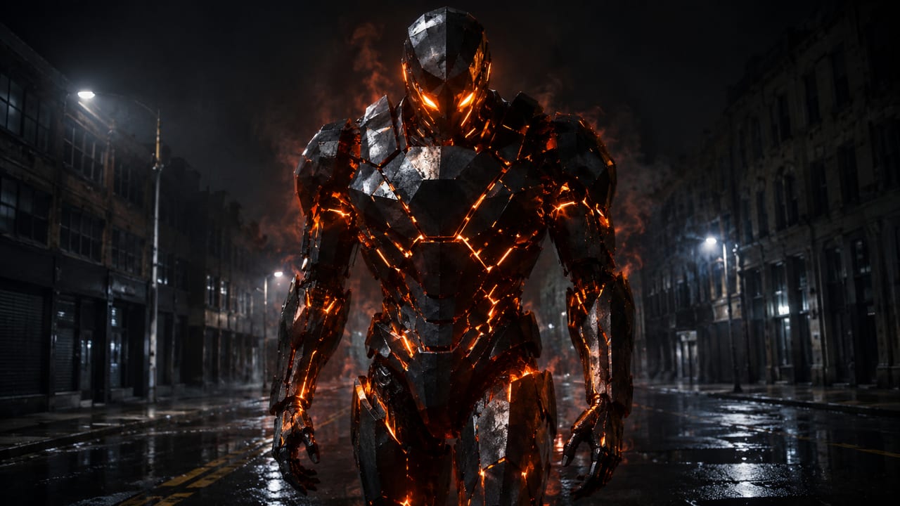 Une Sentinelle de SIGA en mode combat, rayonnant d'orange